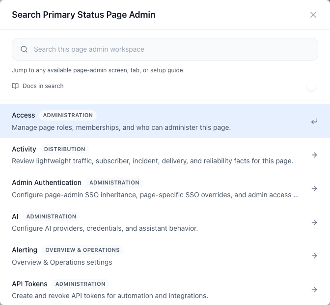 Admin search palette with page-admin screens and documentation results