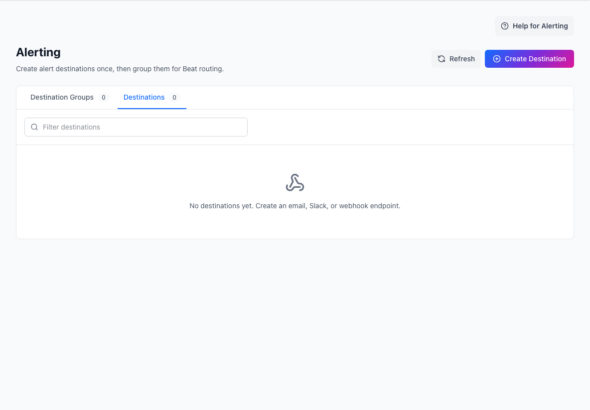 Alerting screen with destination groups, destination filters, and the Create Destination action