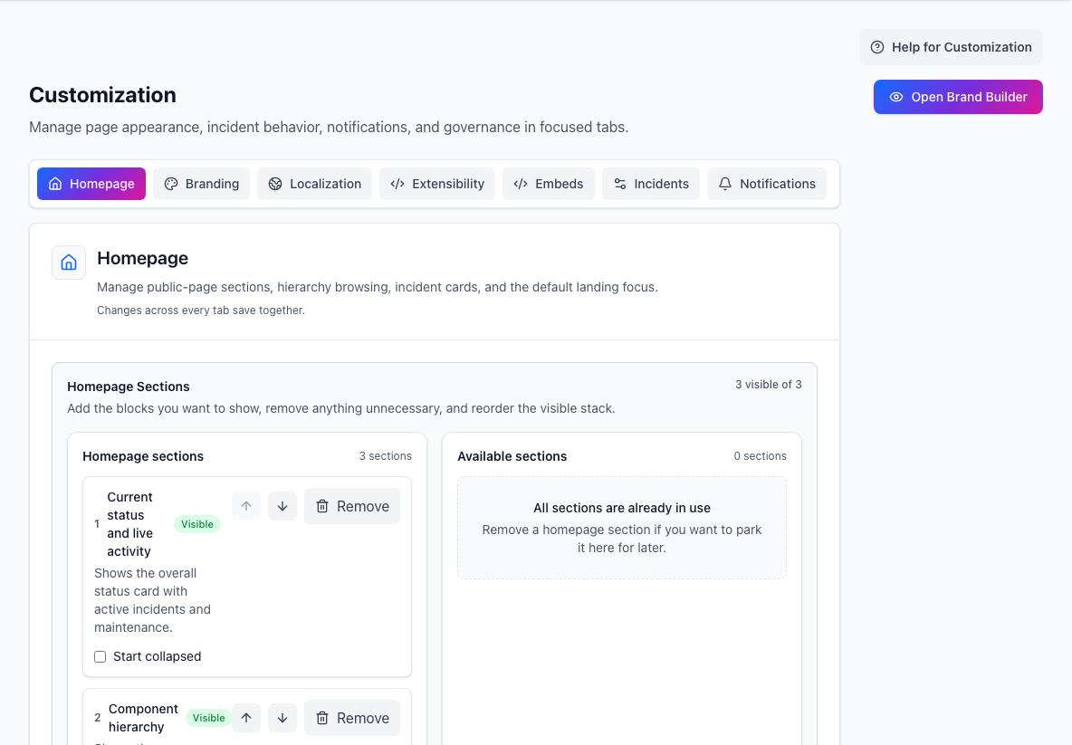 Customization workspace showing configuration areas and homepage section controls