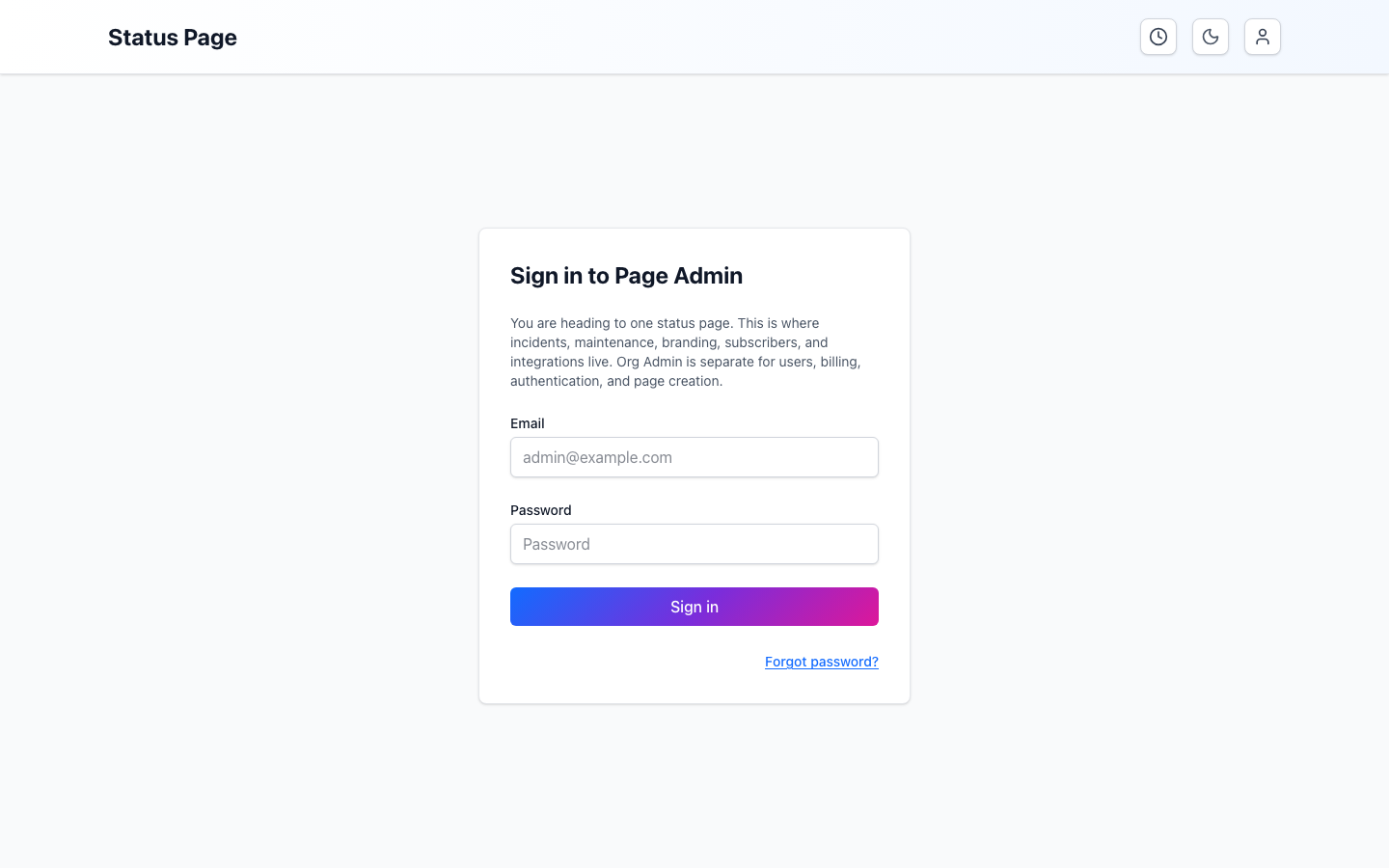 Page Admin sign-in form with email, password, and password-recovery link