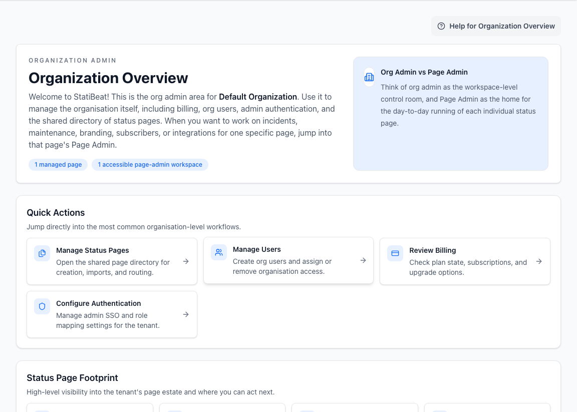 Organization Overview showing the split between organization-wide administration and page-level operations
