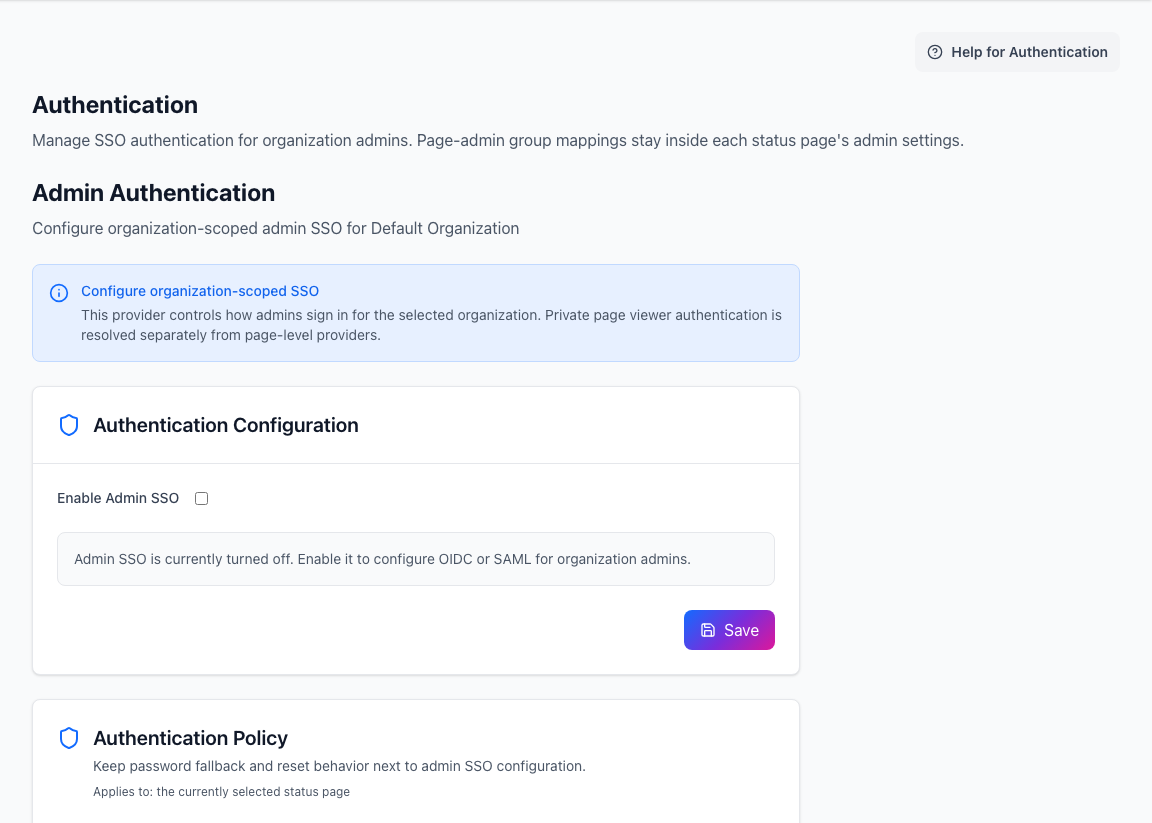 Organization Authentication screen for configuring admin single sign-on