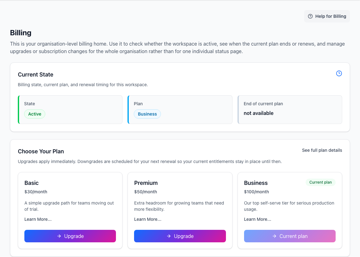 Organization Billing screen summarizing plan status and subscription management