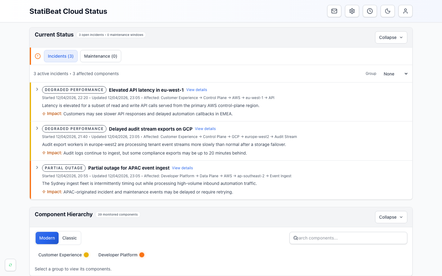 Public status page showing current impact, active incident summaries, and component hierarchy