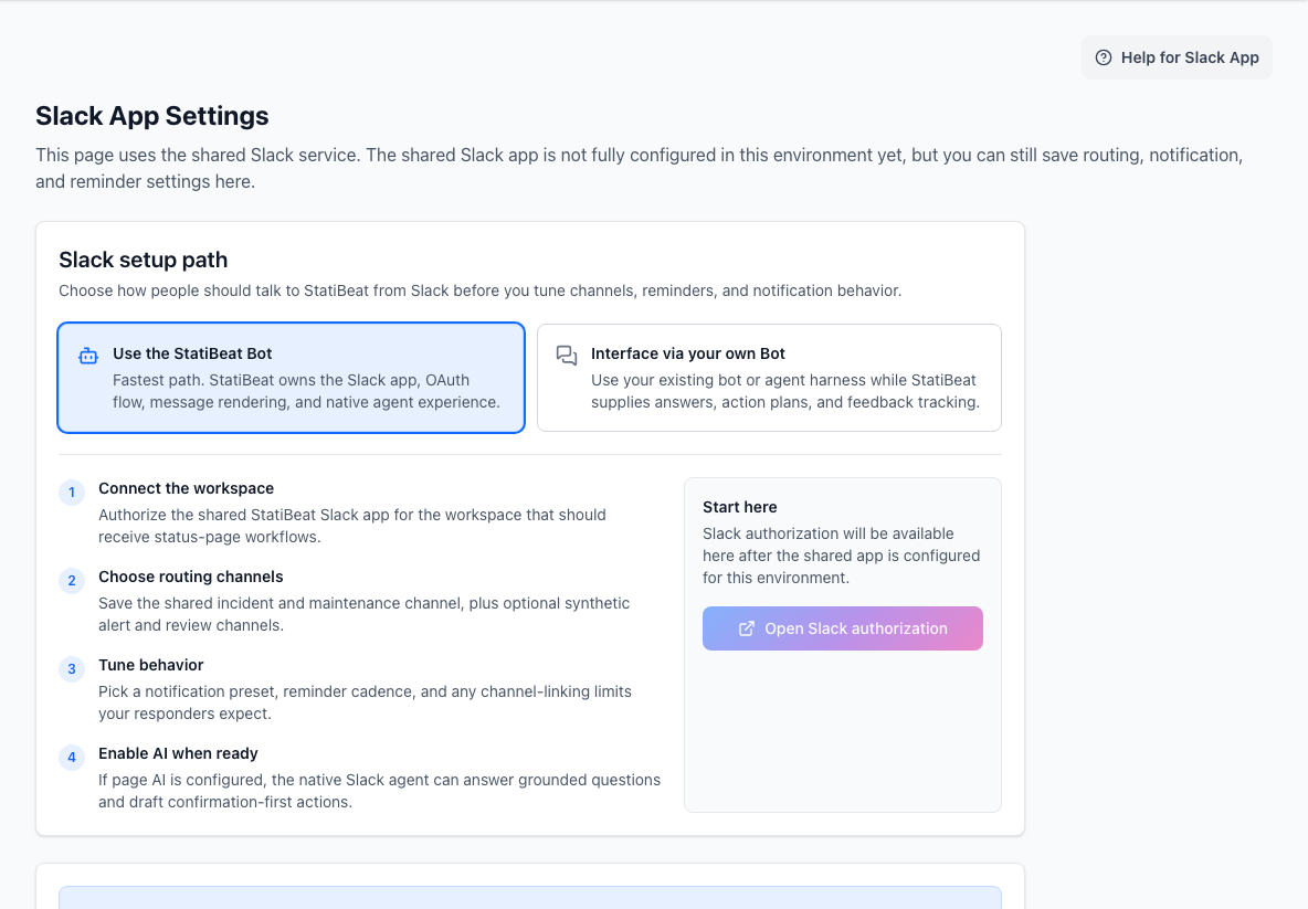 Slack App Settings setup path for connecting a workspace and choosing routing behavior