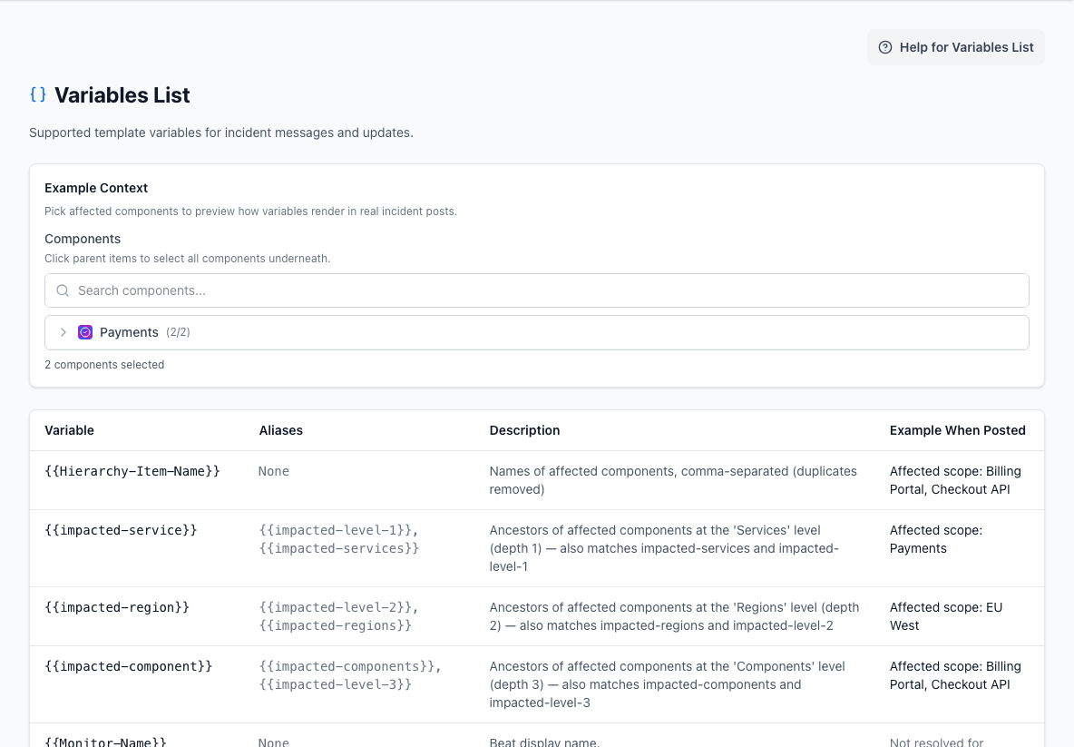 Variables List showing component example context and rendered incident template values