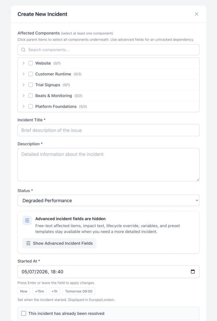 Create New Incident modal with affected components, title, description, status, advanced fields, and start time